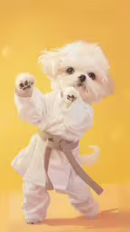 the dog is dressed in white with a karate outfit,a dog standing on its hind legs with his paws in the air