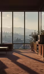 the windows at this living room overlook a city