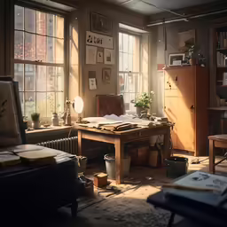 a messy room with a table, chairs and other items