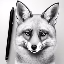 a drawing of a fox, with blue eyes and a pen