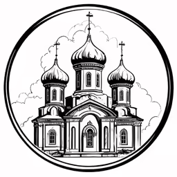 black and white illustration of a church with steeples