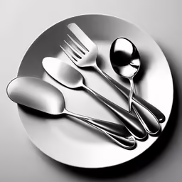 a silver plate with two spoons and a knife