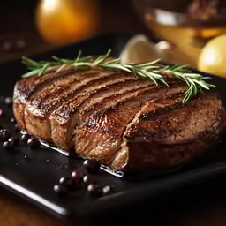a meat is sliced into three pieces and garnished with rosemary