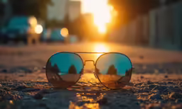 the sun is setting behind two sunglasses laying on the ground