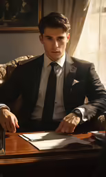 a man in a suit sits at a desk