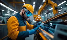 an industrial worker checking electronic parts for new cars