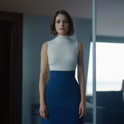 a woman with short hair in a blue and white dress