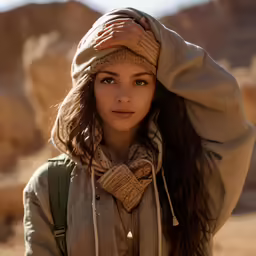 a woman in a scarf and hat is standing near the desert