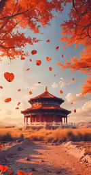 this is a beautiful scenery with fall leaves floating in the air