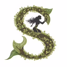 a woman is depicted holding a green leafy letter s