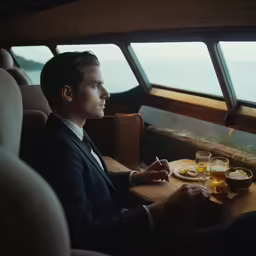 a man in a suite sits at a table with drinks