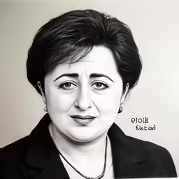 a woman is wearing black with a name tag and has an oval shaped face