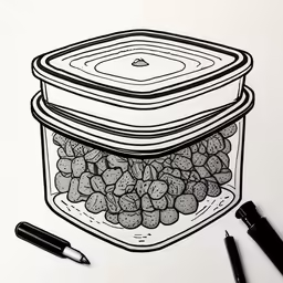 a drawing of a container with rocks on the bottom and a pen laying near it
