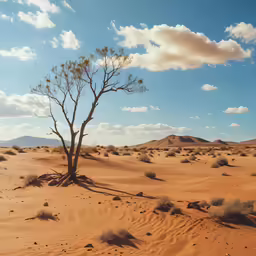 the small tree is sitting in the middle of the desert
