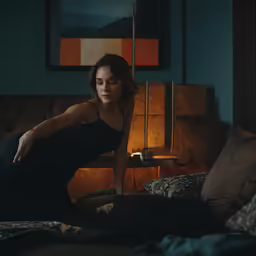 a woman kneeling down on the bed in a dark room