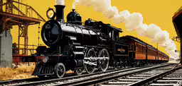 a train traveling down tracks next to train station,a vintage looking picture of a black train coming down tracks