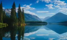 a lake surrounded by mountains and evergreen trees