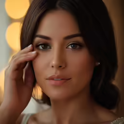 a beautiful woman poses for a photo while holding her eye