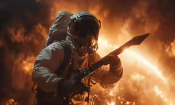 a person in space gear holding a weapon