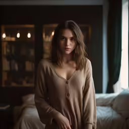 the woman is standing in front of a bed