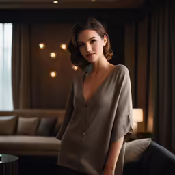 a woman standing in front of a couch