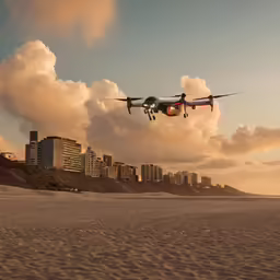 an airplane flies low above the city skyline