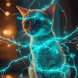 a cat that is standing in the dark with some lights on