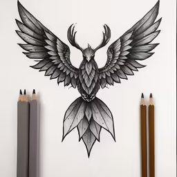 a pencil drawing of a bird with wings on the side