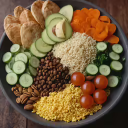a bowl filled with lots of rice, beans and vegetables