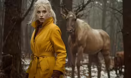 a woman in yellow coat and some animals in the snow