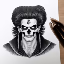 a pencil drawing of a man with dark hair and a skull face