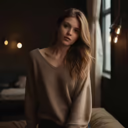 a woman that is sitting on a bed