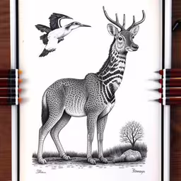 a black and white drawing on a notebook with birds,drawing of deer with birds flying above