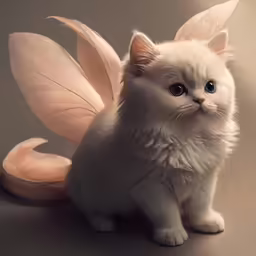 a little white cat has a light colored wing around its ear