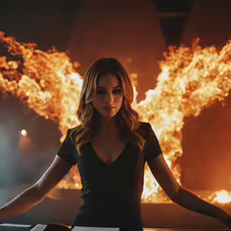 the woman is standing in front of flames on the stage