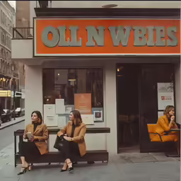 two women sitting on benches in front of a store