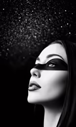 woman with a black and white photo covering her face