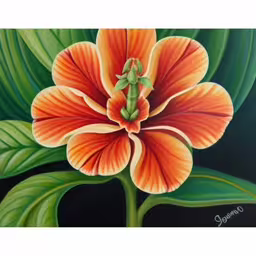 /tmp/FOOp9LRzx.jpg = this flower has green and orange leaves
,/tmp/FOOp9LRzx.jpg = the painting is of a flower with large leaves
,/tmp/FOOp9LRzx.jpg = a painting of an orange flower on a black background
,/tmp/FOOp9LRzx.jpg = a painting of an orange flower is shown
,/tmp/FOOp9LRzx.jpg = painting of flower on black background with name jagmos
,/tmp/FOOp9LRzx.jpg = a painting of a flower with green leaves
,/tmp/FOOp9LRzx.jpg = painting of an orange flower on canvas
