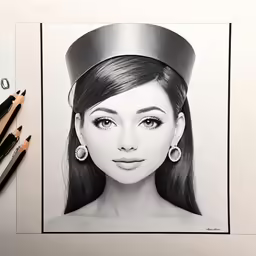 a black and white drawing of an asian girl wearing a silver hat