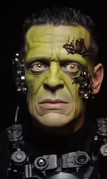 an avatar wearing a face mask with robotic parts around it