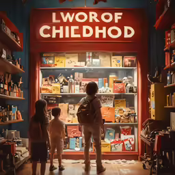 three children standing in front of the window of a store