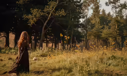 a beautiful woman walking down a grass covered field