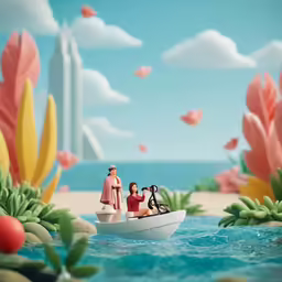 a toy boat with people riding on it across the water