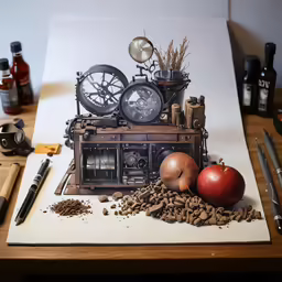 a drawing of a piece of art with coffee beans and two apples