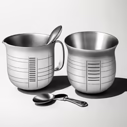 two silver measuring cups with spoons on a white table