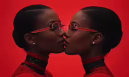 an african american couple kissing each other wearing glasses