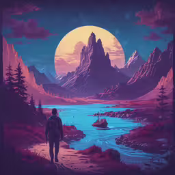 an image of man standing in the middle of the road with a ship on it,a man in a backpack looking at the mountains over a river