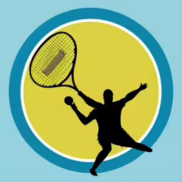 a man holding a tennis racquet in front of a blue and yellow circular,silhouette of man with tennis racket in mid air,a tennis player jumping in the air with his racket,a man is holding a tennis racket over his head,an illustration of a man playing tennis, in silhouette