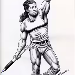 drawing of the famous wrestler throwing a baseball,a drawing of a male tennis player holding up his racket,the man is throwing the ball with a basketball,a man holding up a pencil in his right hand,a pencil drawing of a man with his arms up and the hands up as if he is lifting a pair of feet