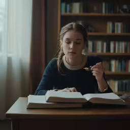 woman sitting at desk looking down as she read book